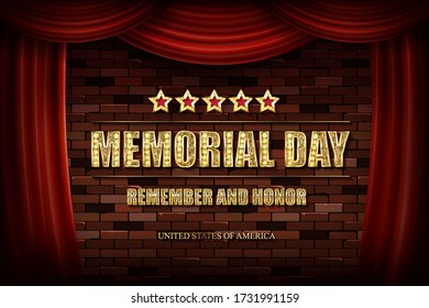 Memorial day. Greeting card. Gold lettering on a red background of a curtain and an old brick wall. Vector illustration