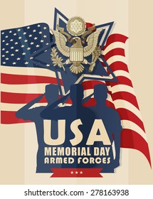 Memorial day greeting card. Poster with soldiers