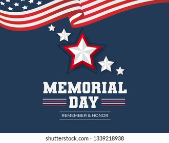 Memorial day greeting card. Remember and honor Memorial day background with USA flag and stars. Vector illustration