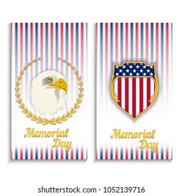 Memorial Day - greeting card with starin national flag colors,coat of arms,  
bald eagle.  Remember and honor with USA flag, Vector illustration.