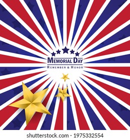 Memorial Day. Greeting card with USA flag and silhouette soldiers on blue background. National American holiday event. Flat. Vector illustration.
