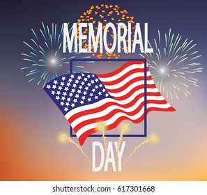 Memorial Day greeting card. Vector illustration with american flag and fireworks with twilight background