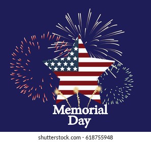 Memorial Day greeting card. Vector illustration with american flag and fireworks with twilight background