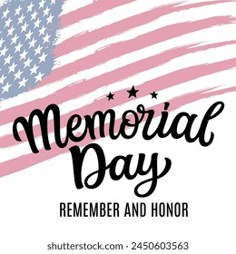   Memorial day. Hand lettering text with USA flag on white background. Vector typography for posters, greeting cards, banners, flyers