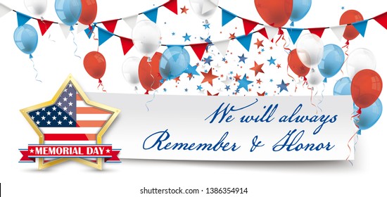 Memorial Day header with paper banner, buntings and balloons. Eps 10 vector file.