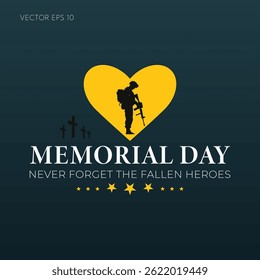 Memorial Day with heart soldier silhouette and crosses on dark green