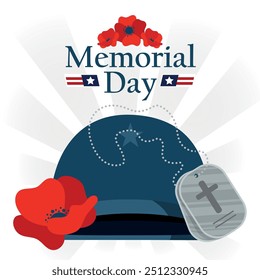 Memorial Day helmet with a medal and poppies in flat design Vector illustration