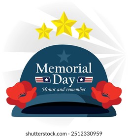 Memorial Day helmet with three stars and poppies in flat design Vector illustration