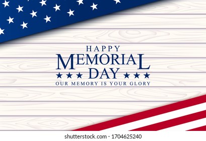 Memorial Day of the heroes of America. Happy weekend or sales vector background. American flag on free copy space background for your text with wood texture. The concept of victory and patriotism.