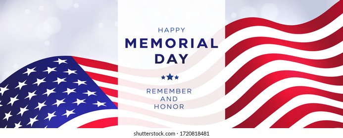 Memorial Day holiday banner, USA flag waving on bright background. Design template for sale, discount, advertisement, web. Place for your text. Vector illustration