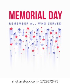 Memorial Day - Honoring All Who Served Poster. American national holiday. Stylistic fireworks from American stars symbols fly up. Greeting card template. Vector illustration