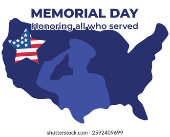 Memorial Day, honoring all who served, US flag, military silhouette, territory map, vector illustration. Memorial day concept with greeting vector illustration