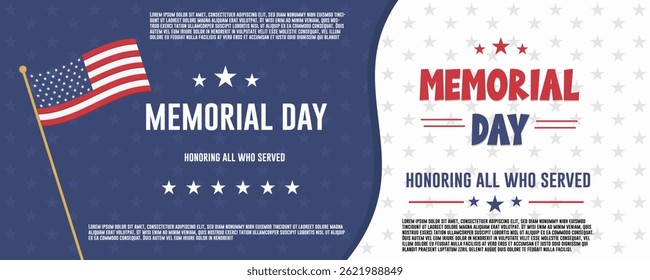 Memorial Day and honoring all who served text, with USA flag horizontal banner design vector.