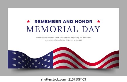 Memorial day horizontal banner design template. Remember and honor. Editable flat design