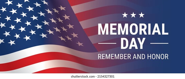 Horizontaler Gedächtnistag-Banner-Vektordesign, mit wachsender Nahaufnahme der US-Flagge und Gedenkbotschaft-Slogan.