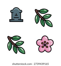 Memorial day icon set with gravestone, olive branches, cherry blossom, remembrance ceremony graphics for cemetery visit, condolence card design
