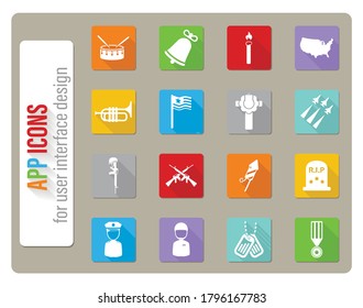 Iconos del día conmemorativo fijados en diseño plano con sombra larga