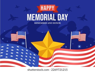 Memorial Day Illustration with American Flag, Remember and Honor to Meritorious Soldier in Flat Cartoon Hand Drawn for Landing Page Templates