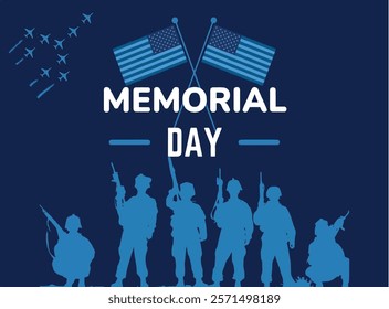 A Memorial Day illustration design featuring a silhouette of a soldier, standing in front of an American flag in bold letters. This design could be used as banners, cards, or other use templates.