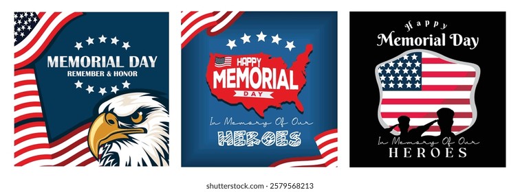 Memorial Day illustration featuring an eagle, an American flag, and a message honoring heroes. Highlights America's patriotism, sacrifice, and national pride. Memorial Day concept.