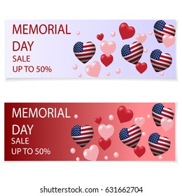 Memorial Day. Illustration in honor of the national US holiday with a heart in the USA flag style. Holiday flyers, invitations or postcards. The message about the discount, sale. Vector illustration