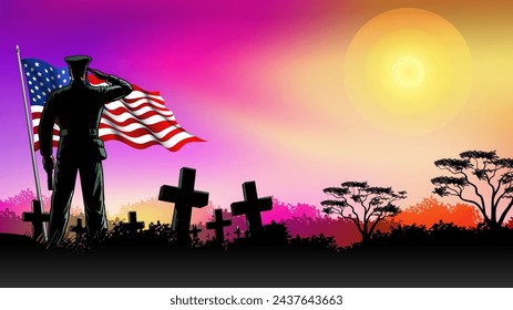 Fondo del Día de la Memoria o del Día de la Independencia, Soldado con lápidas y bandera de EE.UU. en la ilustración del paisaje de la puesta del sol