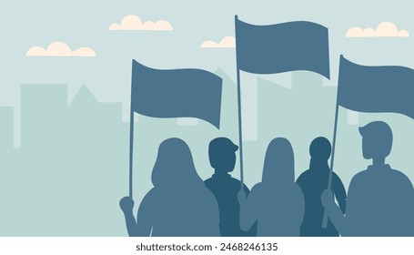 Memorial day and Independence day concept. Demonstration concept. The concept of equal rights. Silhouettes of people holding flags.