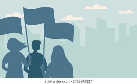 Memorial day and Independence day concept. Demonstration concept. The concept of equal rights. Silhouettes of people holding flags.