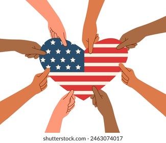 Memorial day and Independence day concept. Flag day concept. Multiracial hands holding american flag in the shape of flag. Vector flat illustration.