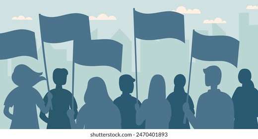 Memorial day and Independence day concept. Flag day concept. Demonstration concept. Silhouettes of people holding flags.