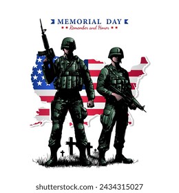 Memorial Day, Independence Day or Patriot Day Concept, two Soldier at Burial with tombstones and USA flag illustration