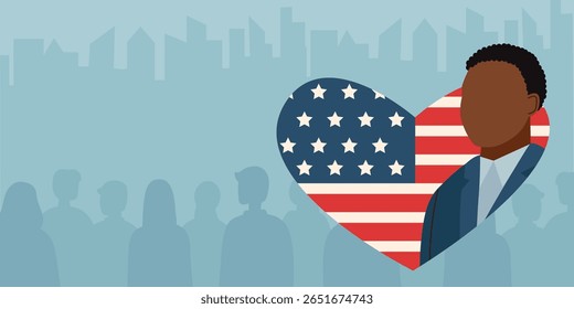 Memorial day, Independence day, vote, election concepts. An American flag in the shape of a heart and the figure of a black skin man. Vector flat banner.