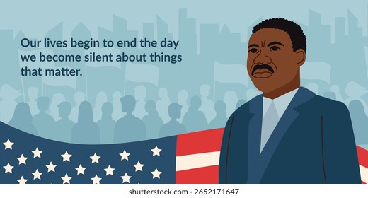 Memorial day, Independence day, vote, election concepts. An American flag, black skin tone man and a quote from Martin Luther King. Vector flat banner.