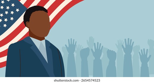 Dia do Memorial, Dia da Independência, votação, eleição, conceitos do presidente. Uma bandeira americana e a figura de um homem de pele negra. Banner plano vetorial.