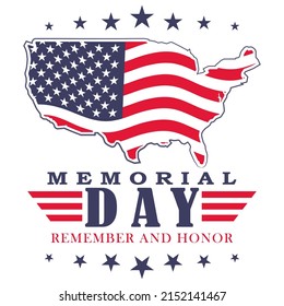 Memorial Day inscription with stars, stripes and flag. Template for celebration USA national holiday - Memorial Day. Isolated on white background. Vector illustration.