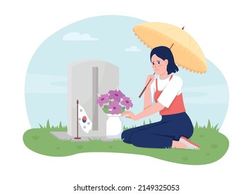Memorial day in Korea 2D vector isolated illustration. Upset woman with flowers on grave flat character on cartoon background. Fallen soldiers colourful scene for mobile, website, presentation