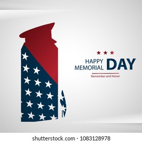 Memorial Day label with the monument. Honoring all who served slogan. USA flag as background.