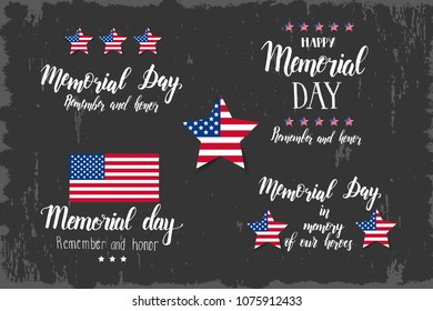 Memorial Day lettering Set. National american holiday. Hand made quotes "Happy Memorial Day. Remember and honor. In memory of our heroes". For banner, flyer, brochure, greeting postcards, websites