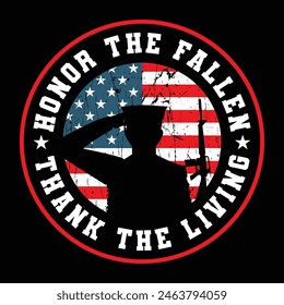 Gedenktag. 27. Mai 2024. Honor the Fallen Think The Living.USA American Flag Happy Memorial Day Text zitiert Neues Design für T-Shirt, Logo, Hintergrund, Banner, Poster, Vektorillustration.