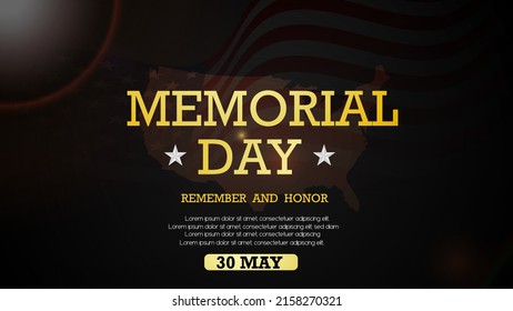 Memorial Day may 30th America national holidays. Golden text background  for black color poster, banner and template design vector.