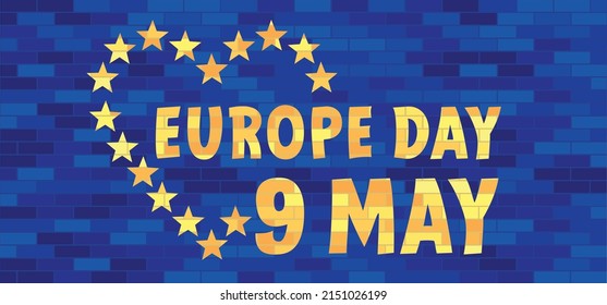 Memorial day, May 9, Europe Day. Vector cartoon calendar. May 9, 1945 marks the unification of Europe after the Second World War II. the anniversary of the European Union. Flags of europe and stars. 