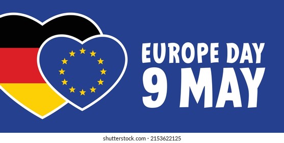Memorial day, May 9, Europe Day and the falg of Germany with love heart. Vector cartoon calendar. 1950 marks the unification of Europe after the Second World War. the anniversary of the European Union