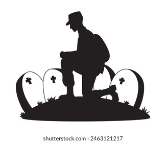 Memorial Day. Military soldier on one knee in cemetery in front of graves. Vector Silhouette drawing