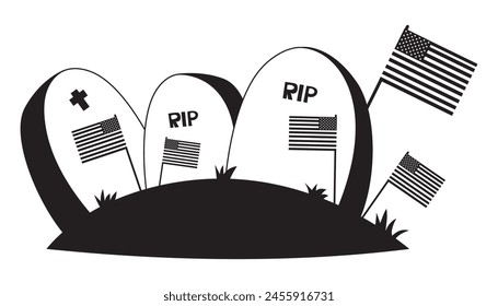 Memorial Day. Military Veterans Cemetery of graves with American flags. Silhouette drawing. Vector illustration for design national traditional holidays