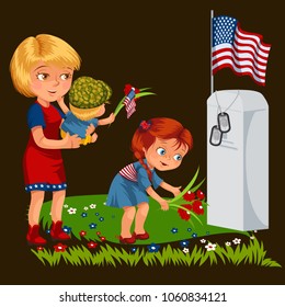Memorial Day, mother with child cemetery, little girl lays flowers on grave war veteran, family Wife with children honoring memory fallen heroes, military tokens and us flag vector illustration