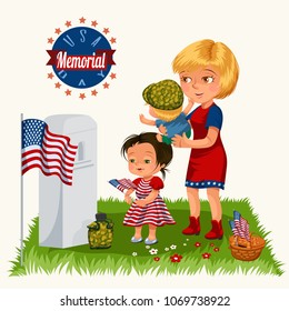 Memorial Day, mother with child on cemetery, little girl stand grave war veterans, family Wife with children honoring memory fallen heroes, us flag vector illustration
