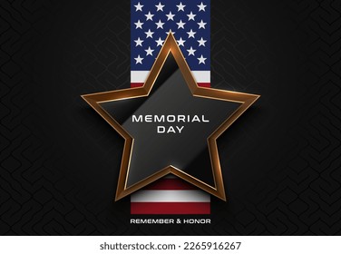 Memorial Day. National american holiday. Vector USA Memorial day greeting card. Luxury frame glossy black gold star and us flag line on black pattern background. Remember and Honor poster