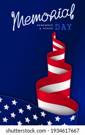 Memorial Day. National United States of America holiday. Patriotic banner design with handwritten calligraphy lettering and USA flag. Vector template