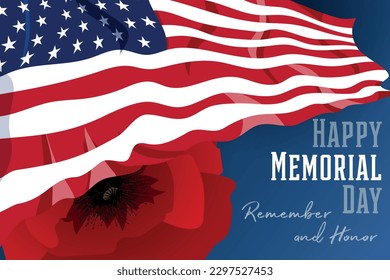 Memorial Day patriotic banner - American waving flag and poppy flowers