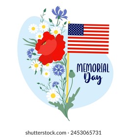 Memorial Day postcard. American flag with bouquet flowers red poppy, blue cornflowers and white chamomile. Vector illustration for design national traditional holidays USA, Independence Day